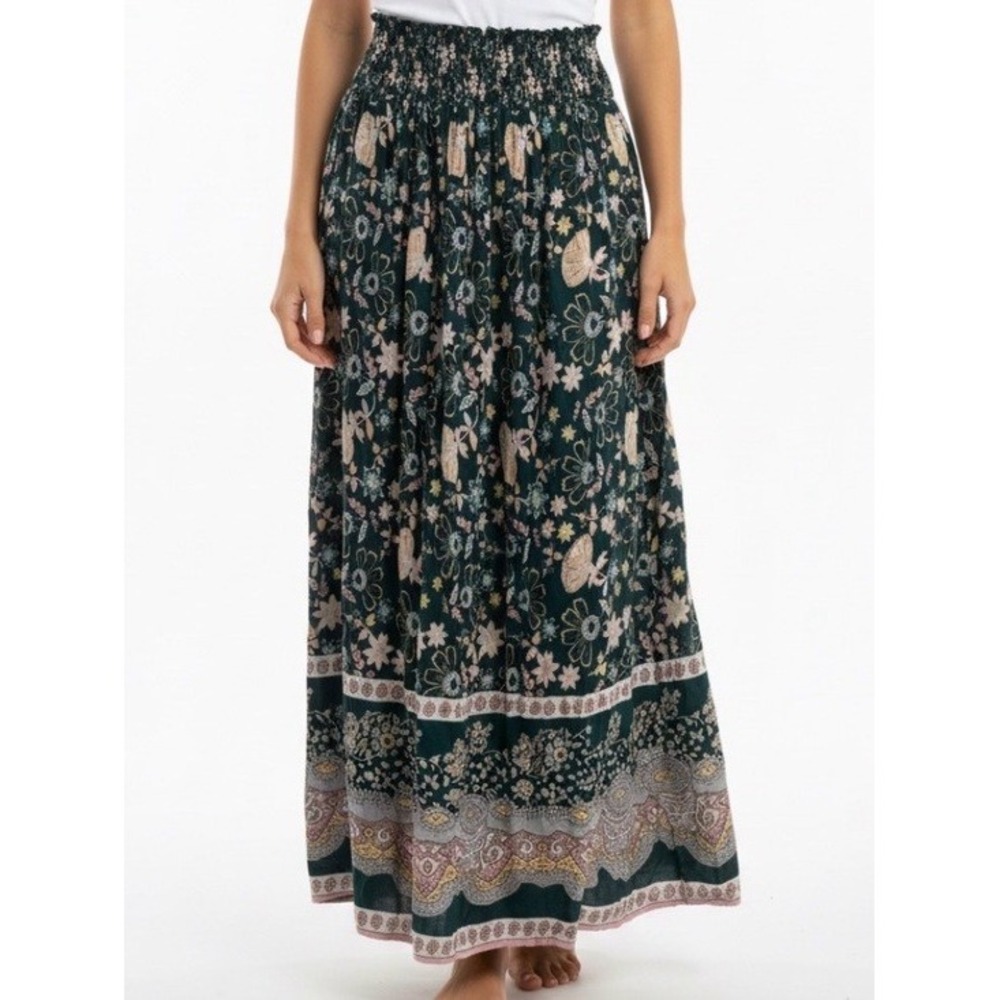 Natural Life Floral Boho Maxi Skirt Smocked Waist Green XS/S Cottagecore
